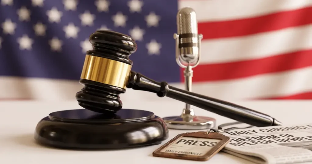 The image depicts a gavel, a microphone, and a press badge in front of an American flag, symbolizing the intersection of law and media.
