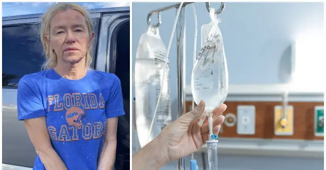 The news photo juxtaposes a person in a Florida Gators shirt with an image of an intravenous (IV) bag, possibly symbolizing a medical or health-related context.