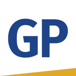 The image shows the letters "GP" in blue on a white background with a yellow diagonal stripe at the bottom.