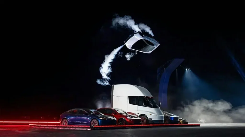 A futuristic vehicle is launched into the air amidst smoke and dramatic lighting, showcasing advanced technology.