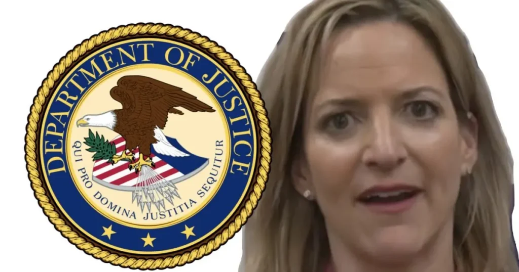 The image features the seal of the Department of Justice alongside a person, likely in a professional or official context.