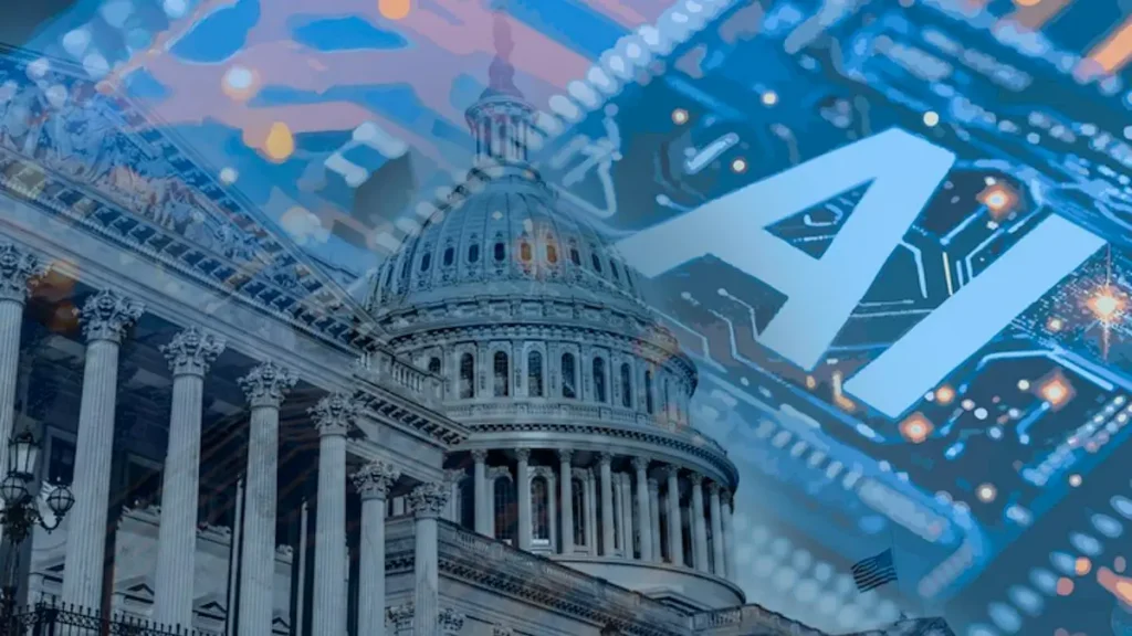 The image depicts the U.S. Capitol building with a futuristic AI-themed overlay, symbolizing the intersection of technology and governance.