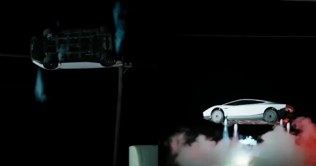 A futuristic car is shown flying through the air amidst smoke, with another car hanging upside down in the background.