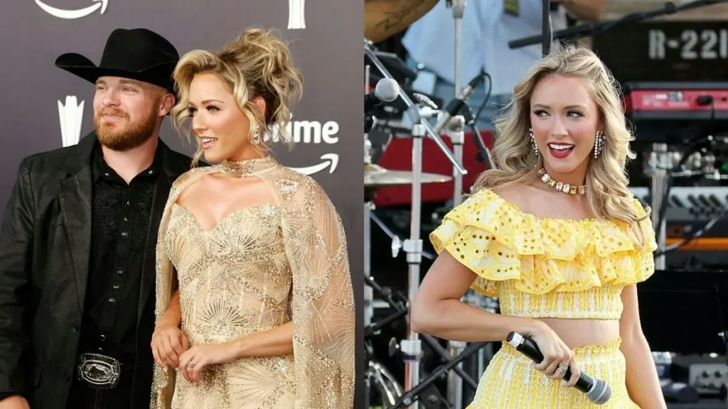 The image shows a couple dressed in formal attire at an event, with the woman in a gold dress and the man in a black suit, and another woman in a yellow dress holding a microphone, suggesting a performance or public appearance.