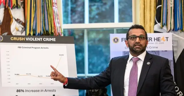 A man in a suit points to a graph showing an 86% increase in FBI Criminal Program Arrests, emphasizing the focus on "Crushing Violent Crime."