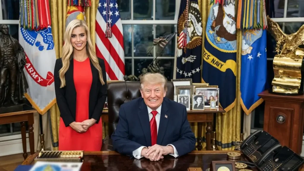 The image shows a person in a red dress standing next to another individual seated at a desk in an office adorned with military flags and presidential memorabilia.