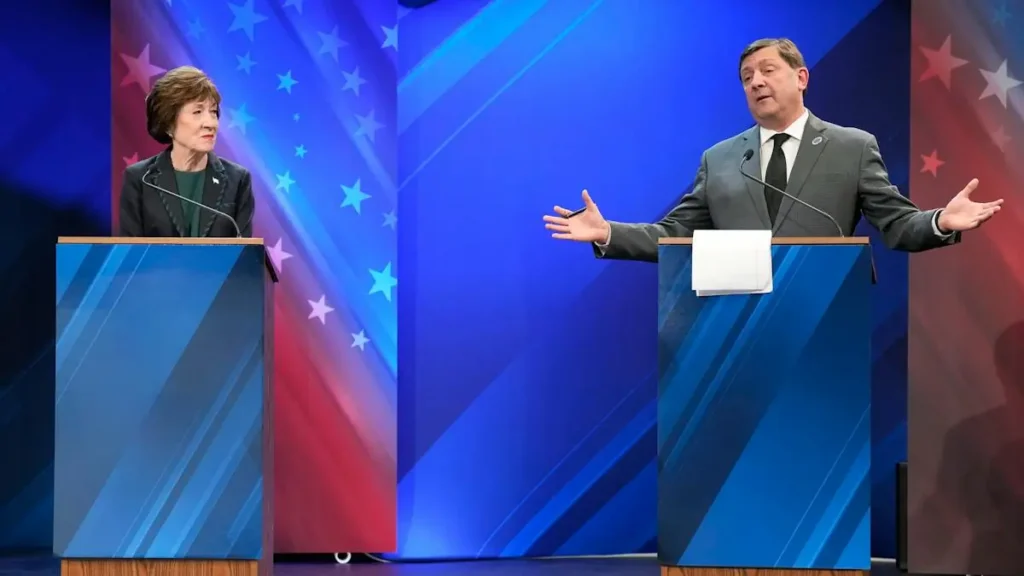 Two candidates are engaged in a debate, standing at podiums with a patriotic backdrop.