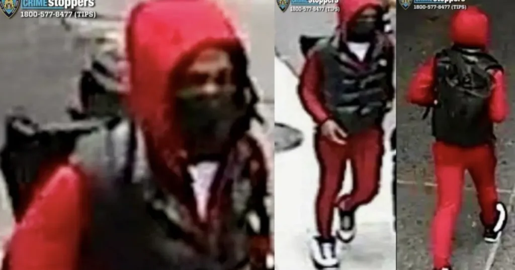 The image shows a person wearing a red hoodie, red pants, and a backpack, captured in three different angles by security cameras.