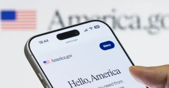 The image shows a smartphone displaying the America.gov website with a greeting that reads "Hello, America," set against a backdrop featuring the American flag.