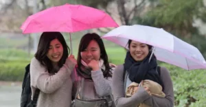Three women share a joyful moment under umbrellas on a rainy day.