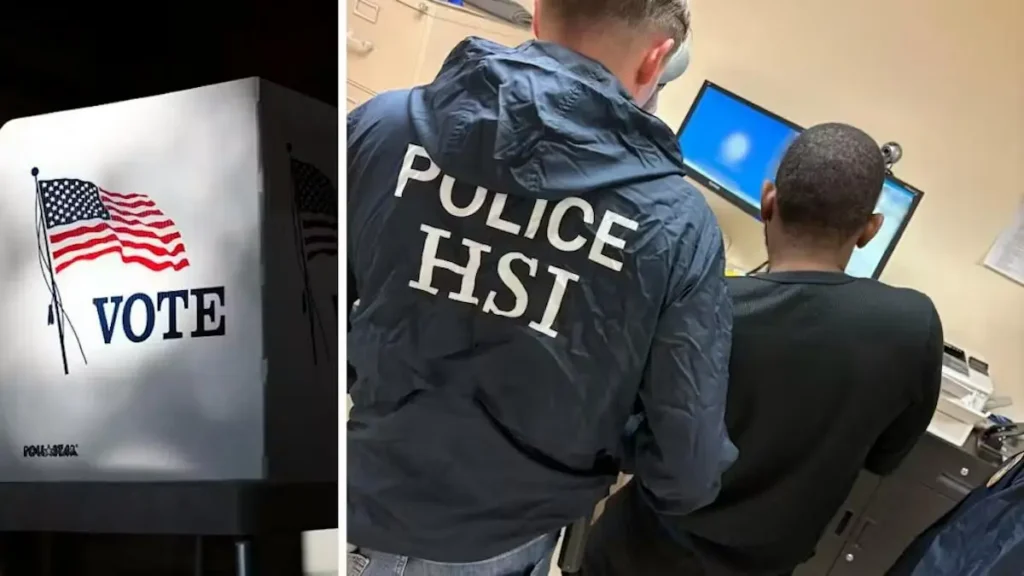 The image juxtaposes a voting booth with an American flag and the word "VOTE" on the left, and a law enforcement officer in a "POLICE HSI" jacket standing behind a person at a computer on the right, suggesting a contrast between civic duty and law enforcement activity.