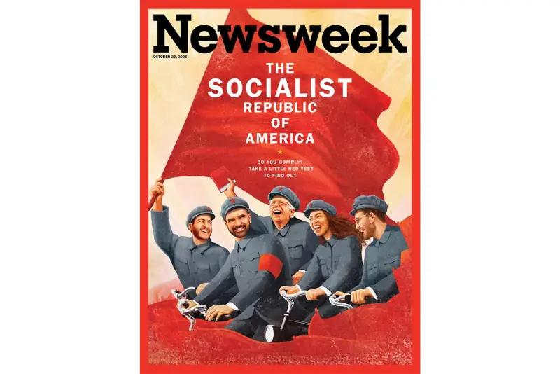 The cover of Newsweek humorously depicts a group of people riding bicycles while holding a red flag, with the title "The Socialist Republic of America."