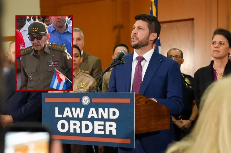 A man speaks at a podium labeled "LAW AND ORDER" in front of a group of people, with an inset image of a man in military uniform holding a Cuban flag.