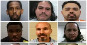 The image shows a collage of mugshots of six individuals, likely related to a news story involving law enforcement or criminal activity.