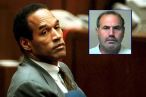 The image shows a man in a courtroom setting, with a smaller inset image of another man in a mugshot style.