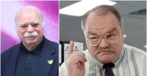 The image shows two different portrayals of a man, one in a formal setting and the other in a more casual, comedic role.