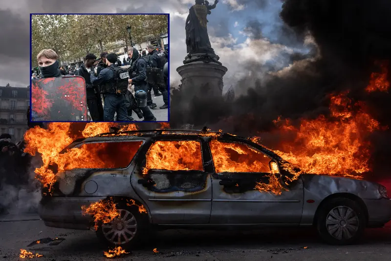 The image depicts a burning car during a protest, with police officers in riot gear and a statue in the background.