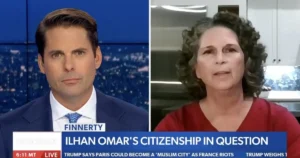 The news photo features a split-screen with a male news anchor on the left and a woman on the right, discussing Ilhan Omar's citizenship status.
