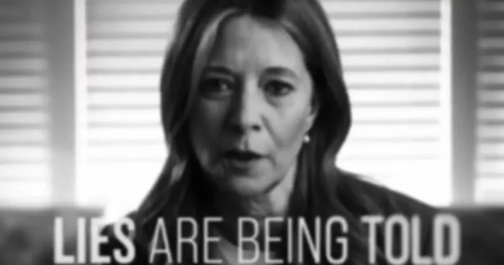 The black-and-white news photo features a person with the text "LIES ARE BEING TOLD" prominently displayed at the bottom.