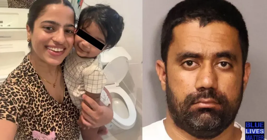 The image juxtaposes a happy family moment with a mugshot, highlighting a stark contrast between personal life and legal consequences.