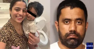 The image juxtaposes a happy family moment with a mugshot, highlighting a stark contrast between personal life and legal consequences.