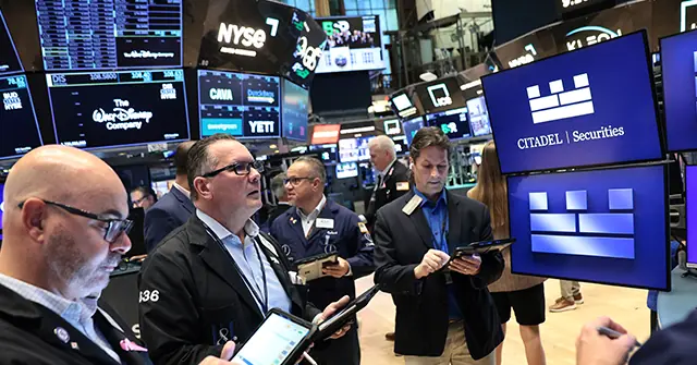 The image depicts a bustling scene at the New York Stock Exchange (NYSE) with traders and monitors displaying stock information and logos.