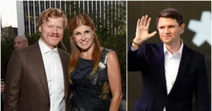 The image shows two individuals, one on the left in a formal setting and another on the right waving, both dressed in business attire.