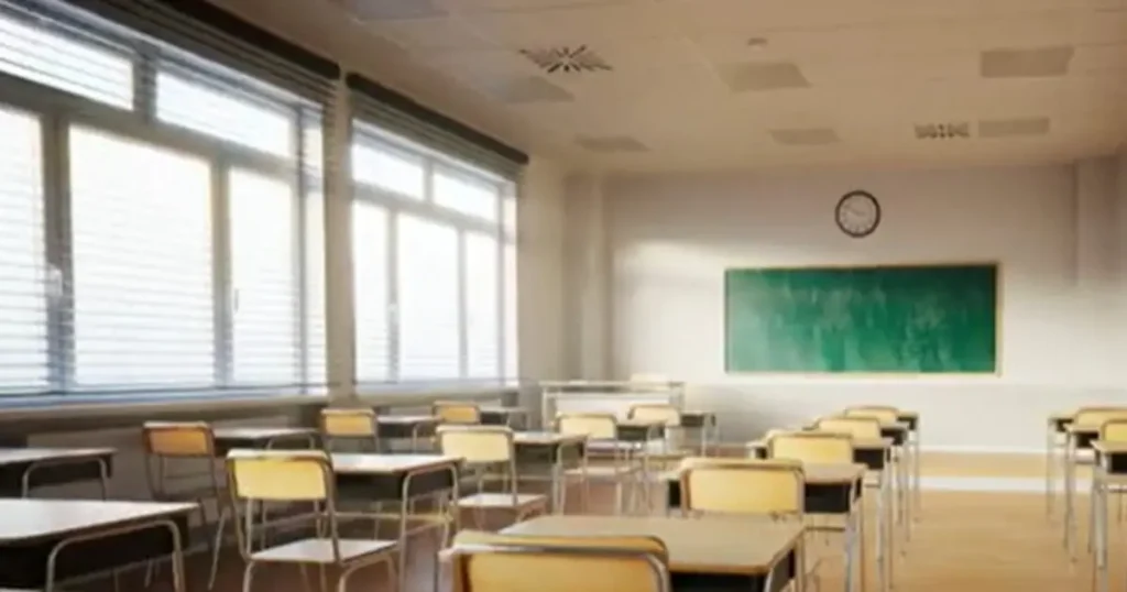The image shows an empty classroom with rows of desks and chairs, a chalkboard, and a clock on the wall.