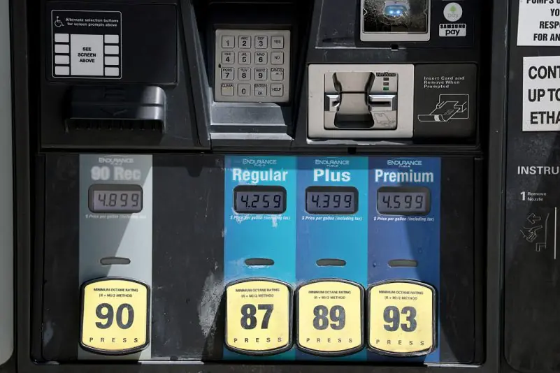 The image shows a gas pump display with various fuel options and their prices, including regular, plus, and premium gasoline.