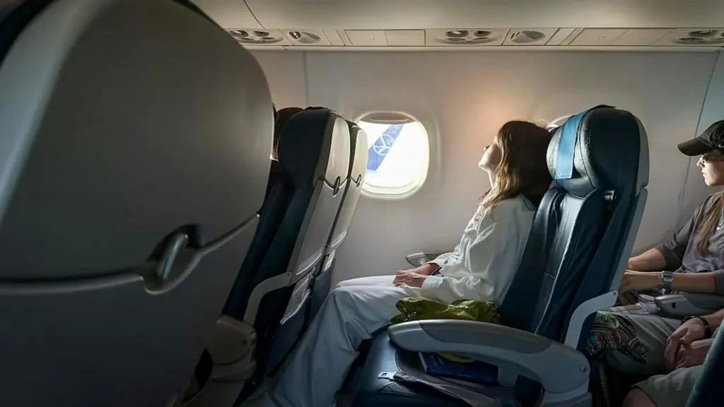 A passenger is seated by the window on an airplane, gazing out at the view.
