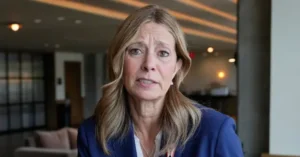 The image shows a woman in a professional setting, wearing a blue blazer and pearl earrings, with a background that includes a modern interior with soft lighting and furniture.