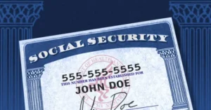 The image depicts a Social Security card with the name "John Doe" and a placeholder number "555-555-5555."