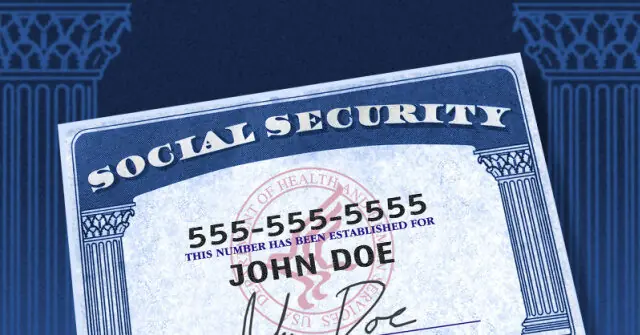 The image depicts a Social Security card with the name "John Doe" and a placeholder number "555-555-5555."