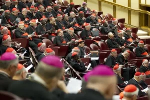 The photo depicts a formal gathering of clergy, including cardinals and bishops, seated in rows in a large hall, engaged in what appears to be a significant religious or ecclesiastical event.