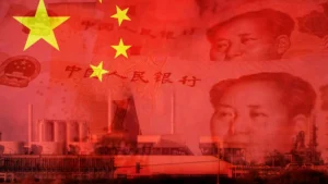 The image depicts a factory with a red tint, overlaid with elements of the Chinese flag and currency, symbolizing industrial development and economic themes.