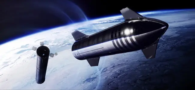 The image depicts a futuristic spacecraft in orbit around Earth, with a smaller satellite-like module attached to it.
