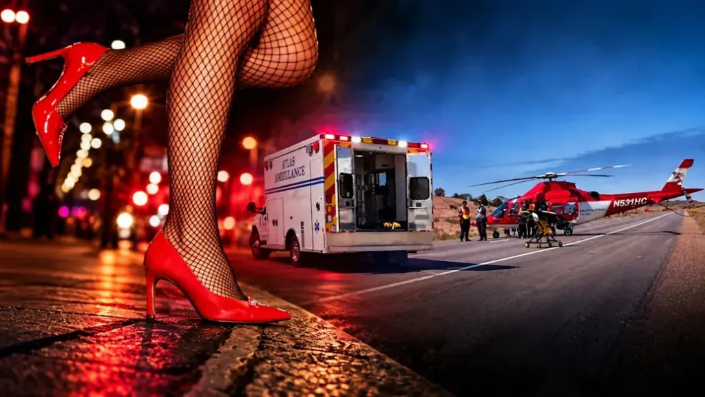 A dramatic scene featuring a person in red high heels and fishnet stockings standing on a curb, with an ambulance and a helicopter in the background, suggesting an emergency situation.