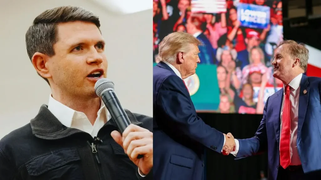 The image shows a man speaking into a microphone on the left and two men shaking hands in front of a crowd on the right.