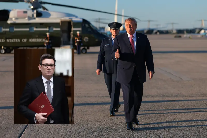 The image shows a man in a suit walking on a tarmac, with a helicopter and another individual in uniform in the background.