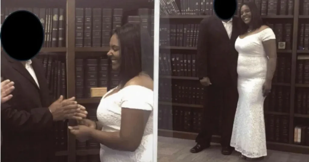 The image shows a couple in formal attire, likely at a wedding or formal event, standing in front of a bookshelf.