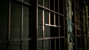 The image depicts a close-up view of rusted metal bars, likely from a prison cell, with peeling paint and a dimly lit background.