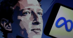 The image depicts a person speaking into a microphone, with a smartphone displaying a blue infinity symbol in the foreground.