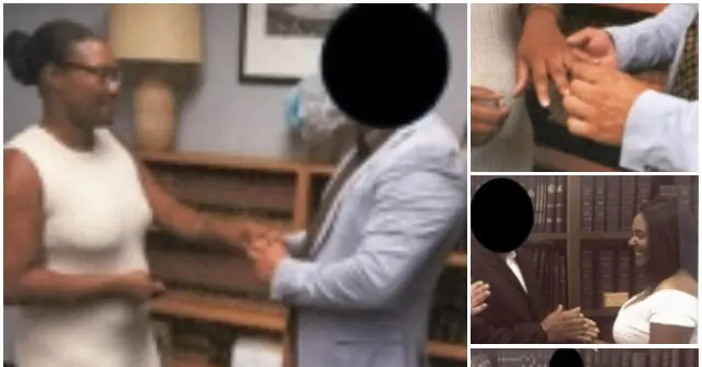 The image shows a couple exchanging rings in a formal setting, likely a wedding ceremony.