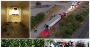 The news photo shows the aftermath of a tragic event involving a truck, with emergency personnel and media present, and a separate image of a cornfield.
