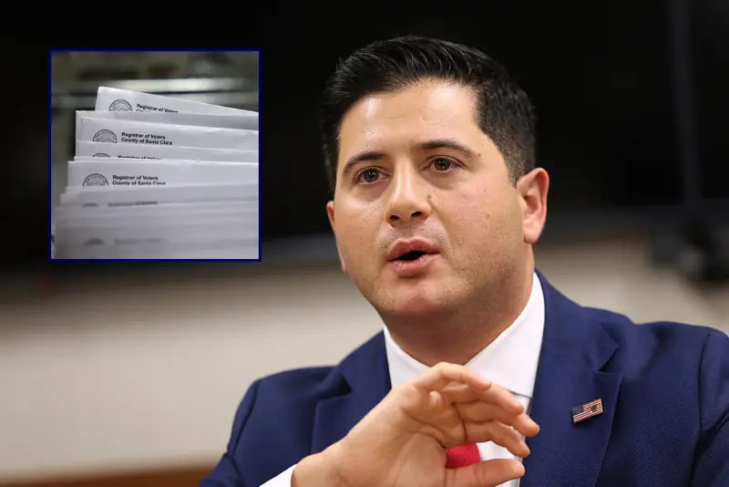 The image shows a man in a suit speaking, with a smaller inset image of what appears to be voter registration forms.