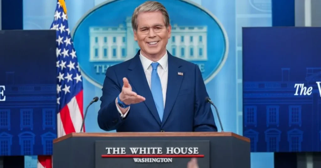 A man in a suit stands at a podium labeled "The White House Washington," gesturing with his hand.