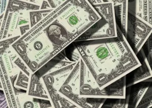 The image shows a pile of one-dollar bills, symbolizing financial wealth or economic abundance.