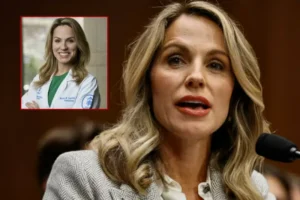 The image shows a woman in a professional setting, possibly giving a speech or testimony, with a smaller inset image of her in a medical coat, suggesting a connection to healthcare or medicine.