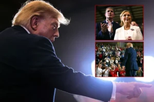 The image shows a political figure addressing an audience, with inset pictures of individuals clapping and the crowd cheering.