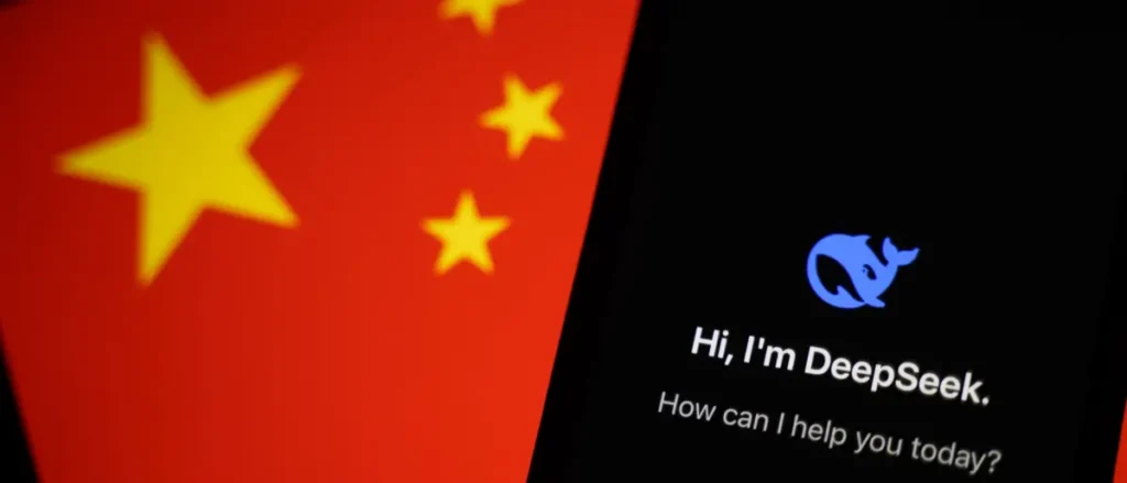 The image shows a Chinese flag alongside a chatbot interface with the name "DeepSeek" and a blue dolphin logo, suggesting a technological or AI-related context.